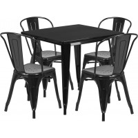 Flash Furniture ET-CT002-4-30-BK-GG 31.5" Square Black Metal Indoor Table Set with 4 Stack Chairs