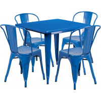 Flash Furniture ET-CT002-4-30-BL-GG 31.5" Square Blue Metal Indoor Table Set with 4 Stack Chairs