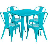 Flash Furniture ET-CT002-4-30-CB-GG Metal Indoor Table Set with Stack Chairs in Blue