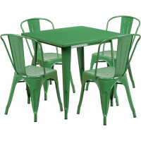 Flash Furniture ET-CT002-4-30-GN-GG 31.5" Square Green Metal Indoor Table Set with 4 Stack Chairs