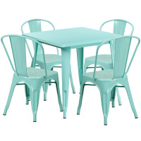 Flash Furniture ET-CT002-4-30-MINT-GG Metal Indoor Table Set with Stack Chairs in Mint