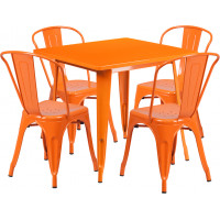 Flash Furniture ET-CT002-4-30-OR-GG 31.5" Square Orange Metal Indoor Table Set with 4 Stack Chairs