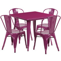 Flash Furniture ET-CT002-4-30-PUR-GG Metal Indoor Table Set with Stack Chairs in Purple