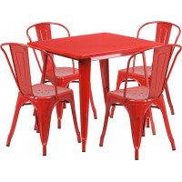 Flash Furniture ET-CT002-4-30-RED-GG 31.5" Square Red Metal Indoor Table Set with 4 Stack Chairs