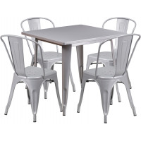 Flash Furniture ET-CT002-4-30-SIL-GG 31.5" Square Silver Metal Indoor Table Set with 4 Stack Chairs