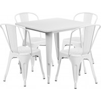 Flash Furniture ET-CT002-4-30-WH-GG 31.5" Square White Metal Indoor Table Set with 4 Stack Chairs