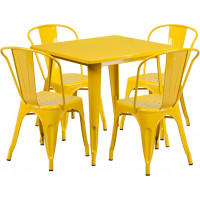 Flash Furniture ET-CT002-4-30-YL-GG 31.5" Square Yellow Metal Indoor Table Set with 4 Stack Chairs