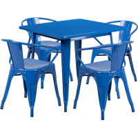 Flash Furniture ET-CT002-4-70-BL-GG 31.5" Square Blue Metal Indoor Table Set with 4 Arm Chairs