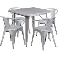 Flash Furniture ET-CT002-4-70-SIL-GG 31.5" Square Silver Metal Indoor Table Set with 4 Arm Chairs