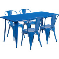 Flash Furniture ET-CT005-4-30-BL-GG 31.5" x 63" Rectangular Blue Metal Indoor Table Set with 4 Stack Chairs