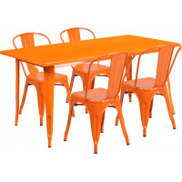 Flash Furniture ET-CT005-4-30-OR-GG 31.5" x 63" Rectangular Orange Metal Indoor Table Set with 4 Stack Chairs