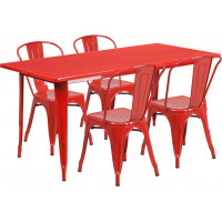 Flash Furniture ET-CT005-4-30-RED-GG 31.5" x 63" Rectangular Red Metal Indoor Table Set with 4 Stack Chairs