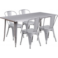 Flash Furniture ET-CT005-4-30-SIL-GG 31.5" x 63" Rectangular Silver Metal Indoor Table Set with 4 Stack Chairs