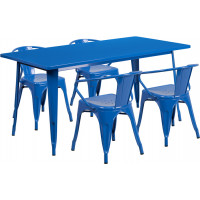 Flash Furniture ET-CT005-4-70-BL-GG 31.5" x 63" Rectangular Blue Metal Indoor Table Set with 4 Arm Chairs