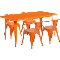 Flash Furniture ET-CT005-4-70-OR-GG 31.5" x 63" Rectangular Orange Metal Indoor Table Set with 4 Arm Chairs