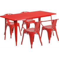 Flash Furniture ET-CT005-4-70-RED-GG 31.5" x 63" Rectangular Red Metal Indoor Table Set with 4 Arm Chairs