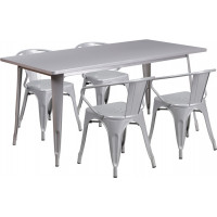 Flash Furniture ET-CT005-4-70-SIL-GG 31.5" x 63" Rectangular Silver Metal Indoor Table Set with 4 Arm Chairs