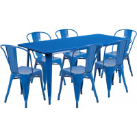 Flash Furniture ET-CT005-6-30-BL-GG 31.5" x 63" Rectangular Blue Metal Indoor Table Set with 6 Stack Chairs