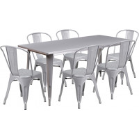 Flash Furniture ET-CT005-6-30-SIL-GG 31.5" x 63" Rectangular Silver Metal Indoor Table Set with 6 Stack Chairs