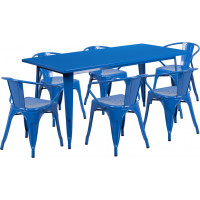 Flash Furniture ET-CT005-6-70-BL-GG 31.5" x 63" Rectangular Blue Metal Indoor Table Set with 6 Arm Chairs