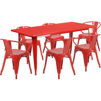 Flash Furniture ET-CT005-6-70-RED-GG 31.5" x 63" Rectangular Red Metal Indoor Table Set with 6 Arm Chairs