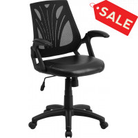 Flash Furniture GO-WY-82-LEA-GG Mid-Back Mesh Chair with Leather Seat in Black
