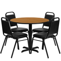Flash Furniture 36'' Round Natural Laminate Table Set with 4 Black Trapezoidal Back Banquet Chairs HDBF1003-GG