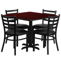 Flash Furniture 36'' Square Mahogany Laminate Table Set with 4 Ladder Back Metal Chairs - Black Vinyl Seat HDBF1014-GG