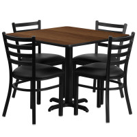 Flash Furniture 36'' Square Walnut Laminate Table Set with 4 Ladder Back Metal Chairs - Black Vinyl Seat HDBF1016-GG