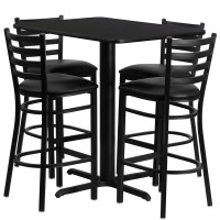 Flash Furniture 24''W x 42''L Rectangular Black Laminate Table Set with 4 Ladder Back Metal Bar Stools - Black Vinyl Seat HDBF1017-GG