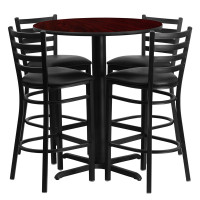 Flash Furniture 30'' Round Mahogany Laminate Table Set with 4 Ladder Back Metal Bar Stools - Black Vinyl Seat HDBF1022-GG