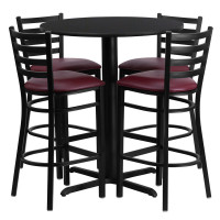 Flash Furniture 30'' Round Black Laminate Table Set with 4 Ladder Back Metal Bar Stools - Burgundy Vinyl Seat HDBF1025-GG