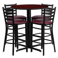 Flash Furniture 30'' Round Mahogany Laminate Table Set with 4 Ladder Back Metal Bar Stools - Burgundy Vinyl Seat HDBF1026-GG