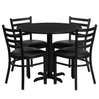 Flash Furniture 36'' Round Black Laminate Table Set with 4 Ladder Back Metal Chairs - Black Vinyl Seat HDBF1029-GG