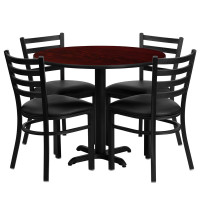 Flash Furniture 36'' Round Mahogany Laminate Table Set with 4 Ladder Back Metal Chairs - Black Vinyl Seat HDBF1030-GG