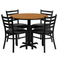 Flash Furniture 36'' Round Natural Laminate Table Set with 4 Ladder Back Metal Chairs - Black Vinyl Seat HDBF1031-GG