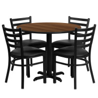 Flash Furniture 36'' Round Walnut Laminate Table Set with 4 Ladder Back Metal Chairs - Black Vinyl Seat HDBF1032-GG