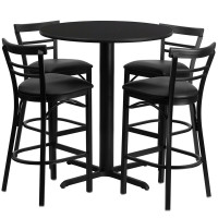 Flash Furniture 24'' Round Black Laminate Table Set with 4 Ladder Back Metal Bar Stools - Black Vinyl Seat HDBF1033-GG
