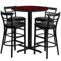 Flash Furniture 24'' Round Mahogany Laminate Table Set with 4 Ladder Back Metal Bar Stools - Black Vinyl Seat HDBF1034-GG