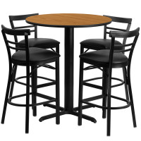 Flash Furniture 24'' Round Natural Laminate Table Set with 4 Ladder Back Metal Bar Stools - Black Vinyl Seat HDBF1035-GG