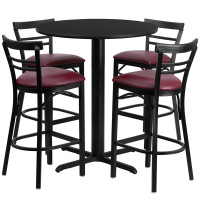 Flash Furniture 24'' Round Black Laminate Table Set with 4 Ladder Back Metal Bar Stools - Burgundy Vinyl Seat HDBF1037-GG