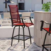 Flash Furniture 2-ET-SWVLPTO-30-RD-GG Valerie Patio Bar Height Stools Set of 2, All-Weather Textilene Swivel Patio Stools with High Back & Armrests in Red