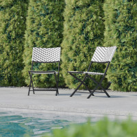 Flash Furniture 2-FV-FWA086-BLK-WHT-GG Rouen Set of 2 Commercial Grade Foldable French Bistro Chairs, Indoor/Outdoor PE Rattan Back and Seat, Black/White with Black Steel Frames