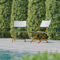Flash Furniture 2-FV-FWA086-NVY-WHT-GG Rouen Set of 2 Commercial Grade Foldable French Bistro Chairs, Indoor/Outdoor PE Rattan Back and Seat, Navy/White with Natural Steel Frames