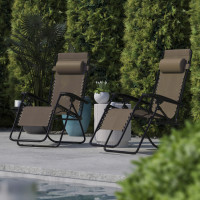 Flash Furniture 2-GM-103122SS-B-GG Celestial Adjustable Folding Mesh Zero Gravity Reclining Lounge Chair with Pillow and Cup Holder Tray in Brown
