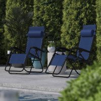 Flash Furniture 2-GM-103122SS-NV-GG Celestial Adjustable Folding Mesh Zero Gravity Reclining Lounge Chair with Pillow and Cup Holder Tray in Navy