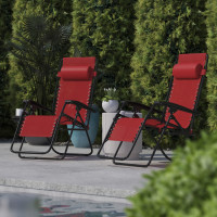 Flash Furniture 2-GM-103122SS-RD-GG Celestial Adjustable Folding Mesh Zero Gravity Reclining Lounge Chair with Pillow and Cup Holder Tray in Red
