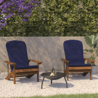 Flash Furniture 2-JJ-C14501-CSNBL-TEAK-GG Charlestown Set of 2 All-Weather Poly Resin Wood Adirondack Chairs in Teak with Blue Cushions for Deck, Porch, and Patio