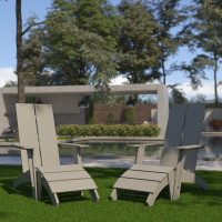 Flash Furniture 2-JJ-C14509-14309-GY-GG Set of 2 Sawyer Modern All-Weather Poly Resin Wood Adirondack Chairs with Foot Rests in Gray