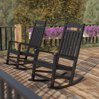 Flash Furniture 2-JJ-C14703-BK-GG Set of 2 Winston All-Weather Rocking Chair in Black Faux Wood